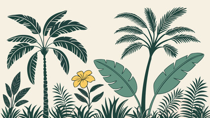 Tropical paradise scene with lush palm trees and vibrant yellow flower, evokes feelings of relaxation and vacation, perfect for adding a touch of summer to any design project