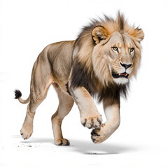 Obraz premium Majestic Lion on the Move: A powerful male lion strides forward, his gaze fixed with purpose, embodying the untamed spirit of the wild.