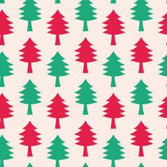 Simple minimalist red and green Christmas trees seamless pattern on white background. For Christmas fabric, textile and wrapping paper.