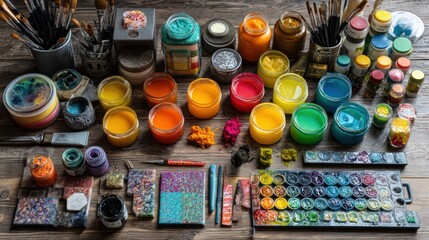 Artistic DIY coaster making workspace with resin pours, silicone molds, and vibrant color palettes