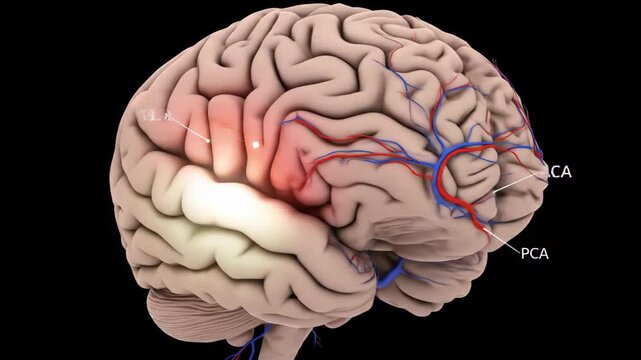 3D animation of the human brain showcasing major arteries ACA, PCA, and MCA, with a highlighted area representing brain damage or a stroke.