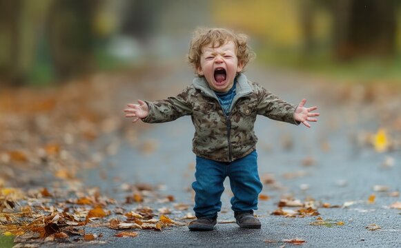 Frustrated young child wailing, spreading arms wide amid colorful fallen autumn foliage, revealing raw emotional intensity