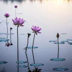Serene Lotus: Stems Reach for the Sky in a Bokeh-Lighted Water Garden Masterpiece.