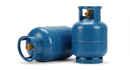 Two blue propane gas cylinders with brass valves on a white background