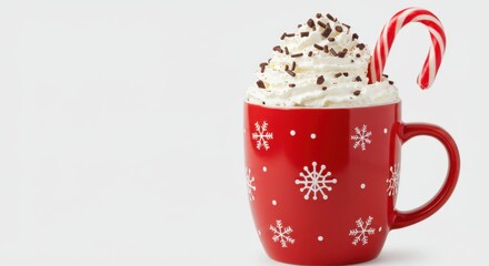 Festive red mug with snowflakes filled with whipped cream and chocolate shavings topped with a candy cane
