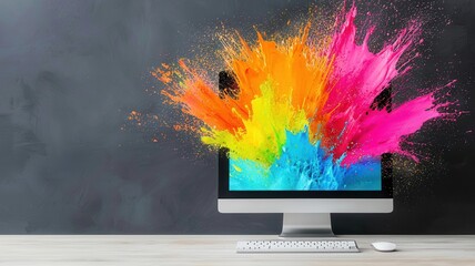 Vibrant paint splattering wall computer screen, from digital creativity against dark symbolizing backdrop