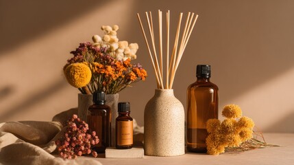 DIY reed diffuser with ceramic vase and wooden sticks, styled beside amber glass bottles and flowers