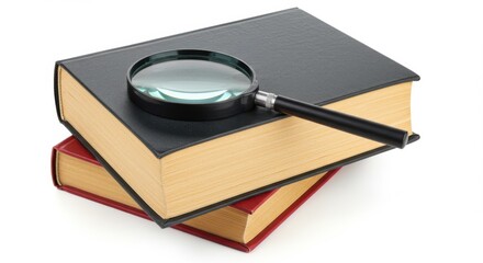 Magnifying glass resting on a stack of two hardcover books on a white background