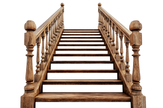 Antique wooden staircase isolated on a transparent background