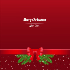 Vector Christmas or New Year postcard background with green fir branches, red satin bow, falling snow and place for text