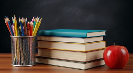 Stack of books with colorful pencils and a red apple on a wooden desk