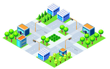 Modern city district with skyscrapers, roads, and green parks in isometric view