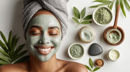 portrait of brown-skinned woman applying clay face mask, surrounded by natural skincare products