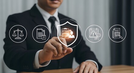 Confident businessman interacts with digital interface showcasing legal compliance, policy management, and risk assessment icons for corporate strategy