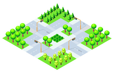 Crossroads with traffic lights surrounded by green parks in isometric view