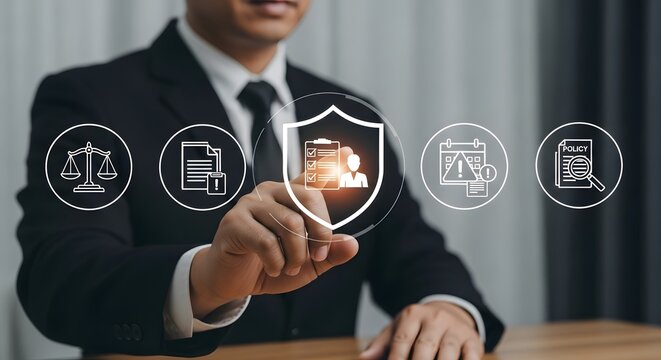 Confident businessman interacts with digital interface showcasing legal compliance, policy management, and risk assessment icons for corporate strategy