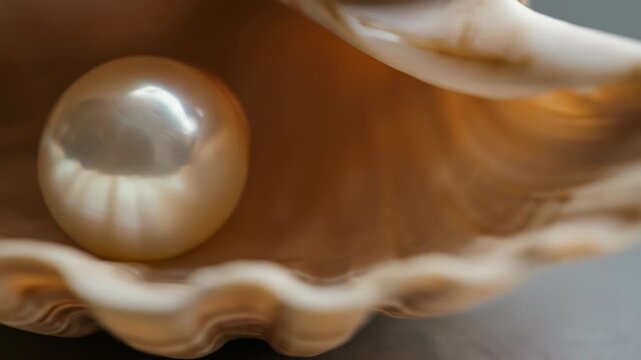 Iridescent pearl nestled inside a large, textured, beige clamshell