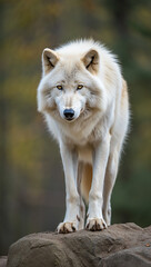 Fototapeta premium Majestic arctic wolf standing on a rock in a forest