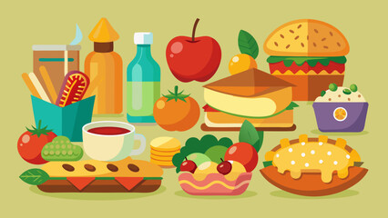 Vector art of a lively arrangement of popular fast food items and desserts including burgers sandwiches and drinks set against a light background