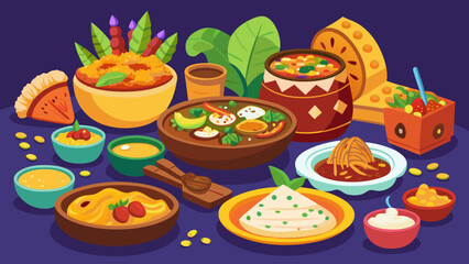 Vector art of a beautifully illustrated spread of traditional indian cuisine featuring various curries rice bread and dips presented in colorful bowls and plates