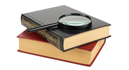 Magnifying glass resting on a stack of two antique books on a white background