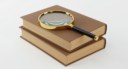 Magnifying glass resting on a stack of two antique brown hardcover books