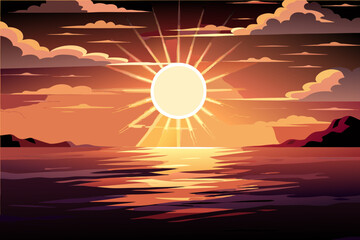 Serene Sunset over Calm Ocean with Silhouetted Mountains