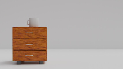 Wooden nightstand with three drawers and white cup stands on the nightstand on a gray background in...