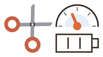Scissors, speedometer needle pointing high, and battery icon in flat style. Ideal for energy management, efficiency, speed, creativity, design processes, productivity and resource optimization