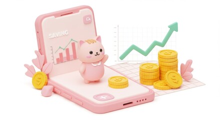 Cute cartoon cat character on a smartphone screen showing financial growth and savings