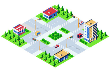 Urban crossroads with traffic flowing smoothly in isometric view