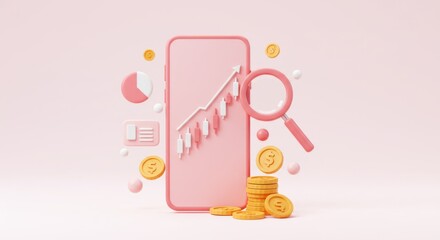 Mobile finance app displaying stock market growth chart with coins and magnifying glass