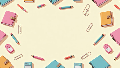 Colorful Notebooks and Pens in a Stylish Office, Seamless Pattern, Minimalist Layout