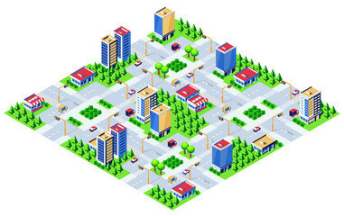 Modern isometric smart city with skyscrapers, shops, roads, traffic lights, cars, trucks, and trees
