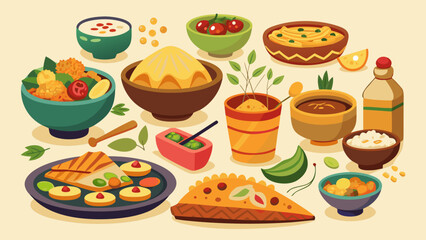 Vector art of an abundant and colorful spread of indian food including various dishes and beverages is arranged on a light beige surface with scattered elements