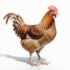 Fototapeta premium Majestic Rooster Portrait: This captivating image features a vibrant, eye-level shot of a proud rooster standing confidently, showcasing its colorful plumage and regal stature.