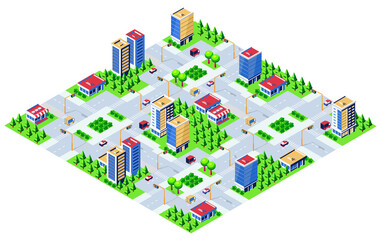 Modern isometric smart city with skyscrapers, shops, roads, traffic lights, cars, trucks, and trees