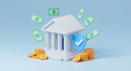 Secure financial assets with a bank building coins and flying dollar bills