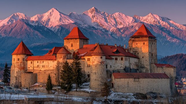 A majestic medieval castle with red-tiled roofs stands proudly, its stone walls contrasting against the backdrop of snow-capped mountains bathed in the warm glow of sunrise or sunset - Powered by Adobe