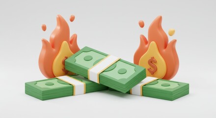 Stacks of money on fire with dollar signs symbolizing financial loss or burning cash