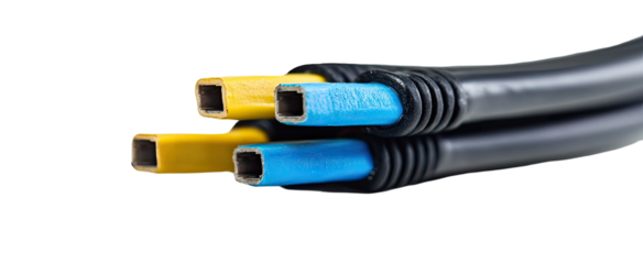 Close-up of bundled electrical cables with yellow and blue insulation