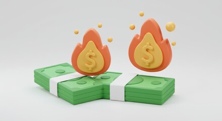 Two stylized flames with dollar signs inside them hovering over a stack of money