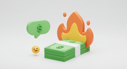 Money on fire with a happy emoji and a dollar sign speech bubble