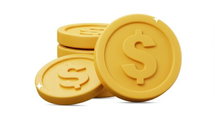 Stack of shiny gold coins with dollar symbols on a white background