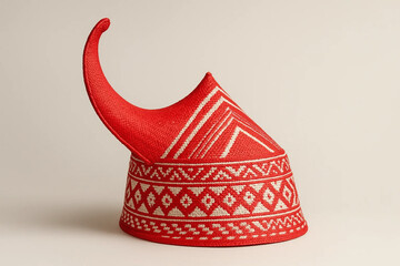 “A traditional Ti’i Langga hat from East Nusa Tenggara, reimagined in Indonesian red and white colors for Independence Day, featuring a curved horn-like front and bold textile patterns