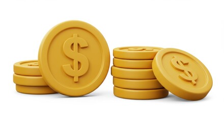 Stacks of golden coins with dollar signs on a white background