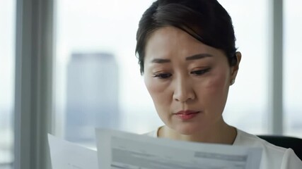 Asian businesswoman reading financial reports with skyscrapers background, concept for audit analysis, data visualization and corporate management - Powered by Adobe