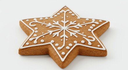 A delicious star shaped gingerbread cookie decorated with white icing and a snowflake design