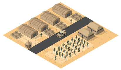 Military base in desert with soldiers and supplies isometric view