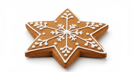 Decorated star shaped gingerbread cookie with snowflake design and white icing